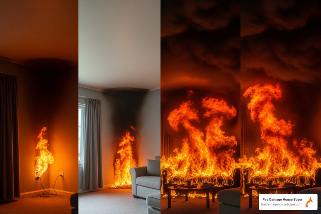 Stages of a house fire from ignition to fully developed - how hot does a house fire get