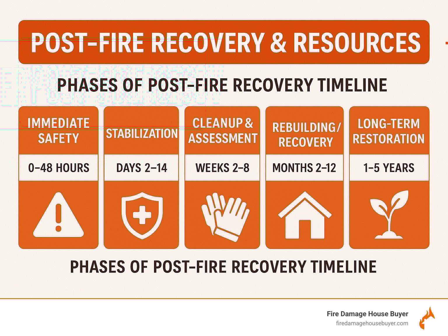 Phases of Post-Fire Recovery Timeline showing immediate safety (0-48 hours), stabilization (days 2-14), cleanup and assessment (weeks 2-8), rebuilding/recovery (months 2-12), and long-term restoration (1-5 years) - Post-Fire Recovery & Resources infographic Phases of Post-Fire Recovery Timeline showing immediate safety (0-48 hours), stabilization (days 2-14), cleanup and assessment (weeks 2-8), rebuilding/recovery (months 2-12), and long-term restoration (1-5 years) - Post-Fire Recovery & Resources infographic