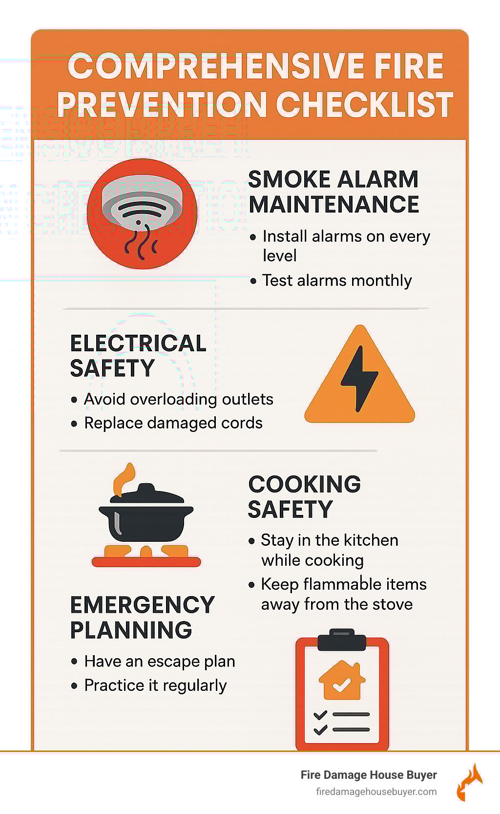Comprehensive fire prevention checklist with smoke alarm maintenance, electrical safety, cooking safety, and emergency planning - Fire Damage Restoration & Repair infographic Comprehensive fire prevention checklist with smoke alarm maintenance, electrical safety, cooking safety, and emergency planning - Fire Damage Restoration & Repair infographic