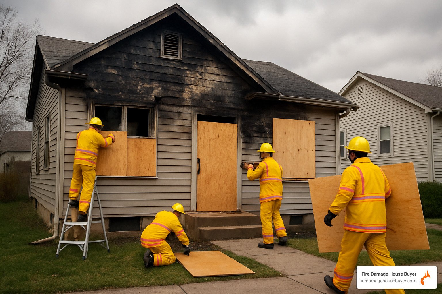 emergency board-up of fire damaged home - Fire Damage Restoration & Repair emergency board-up of fire damaged home - Fire Damage Restoration & Repair