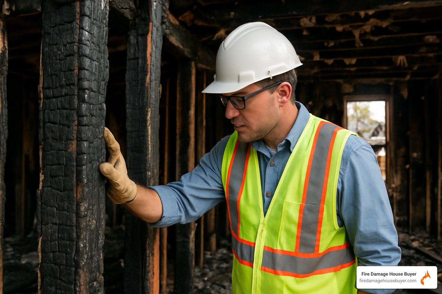 inspector examining structural damage in burned home - Post-Fire Recovery & Resources inspector examining structural damage in burned home - Post-Fire Recovery & Resources