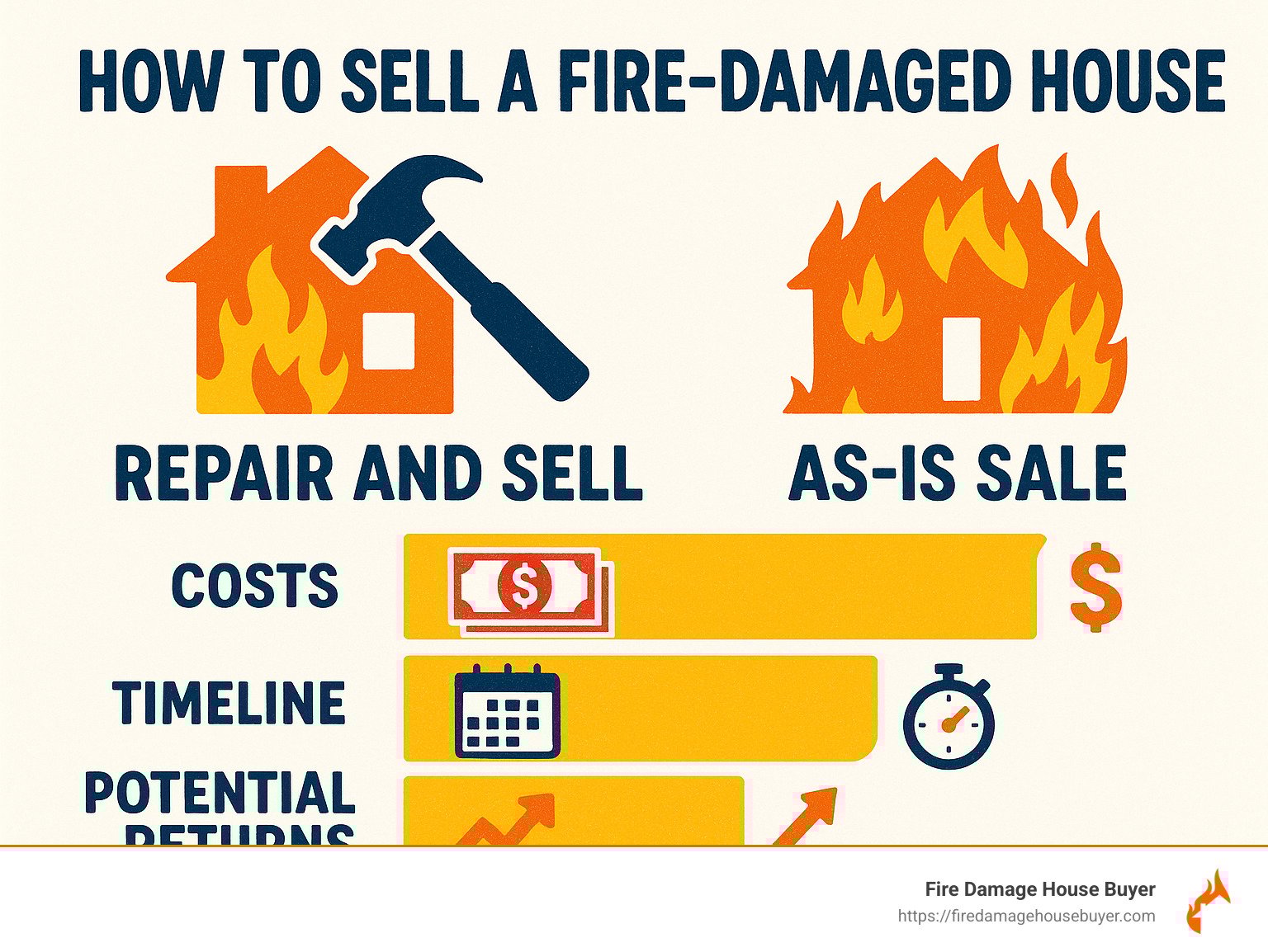 comparison of repair and sell vs as-is sale options showing costs, timeline, and potential returns - How to Sell a Fire-Damaged House infographic