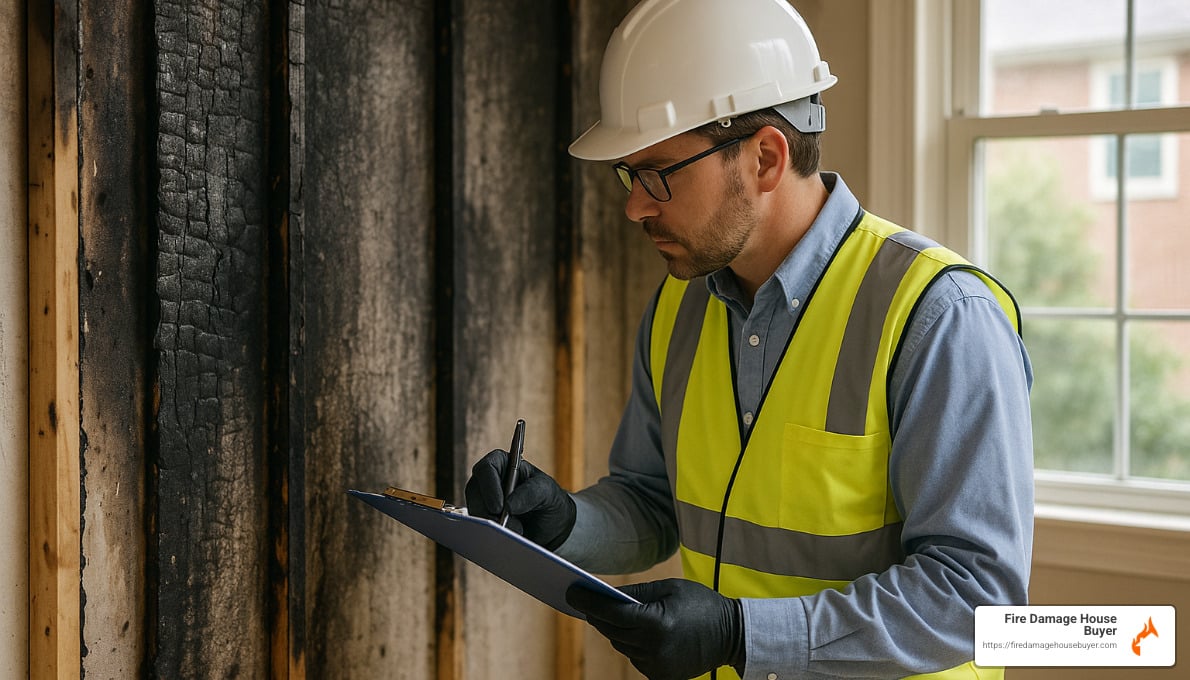 inspector examining fire damaged wall - How to Sell a Fire-Damaged House