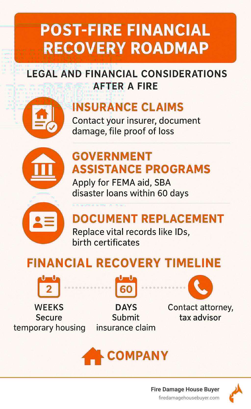 Post-Fire Financial Recovery Roadmap showing insurance claims process, government assistance programs, document replacement steps, and financial recovery timeline with key deadlines and contact information - Legal and Financial Considerations After a Fire infographic 