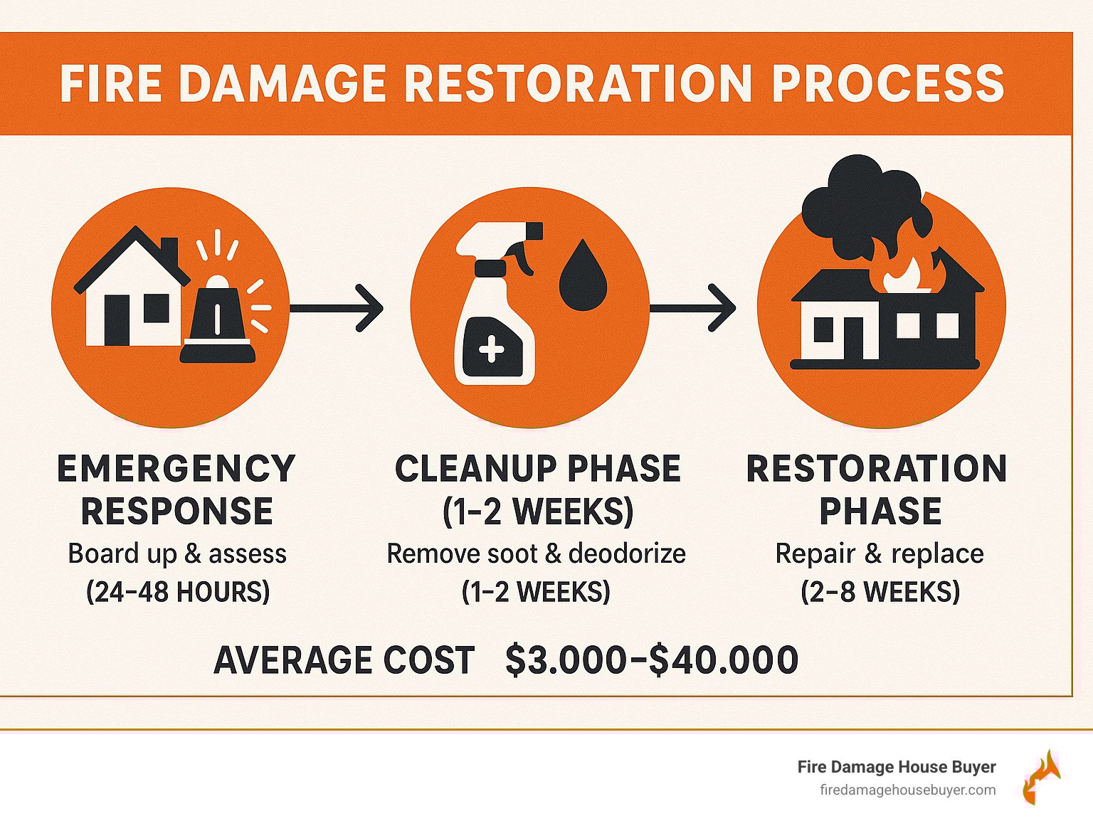 Step-by-step fire damage restoration process showing emergency response, cleanup phase with soot removal and deodorization, and final restoration with timeline and cost estimates - Fire Damage Restoration & Repair infographic Step-by-step fire damage restoration process showing emergency response, cleanup phase with soot removal and deodorization, and final restoration with timeline and cost estimates - Fire Damage Restoration & Repair infographic