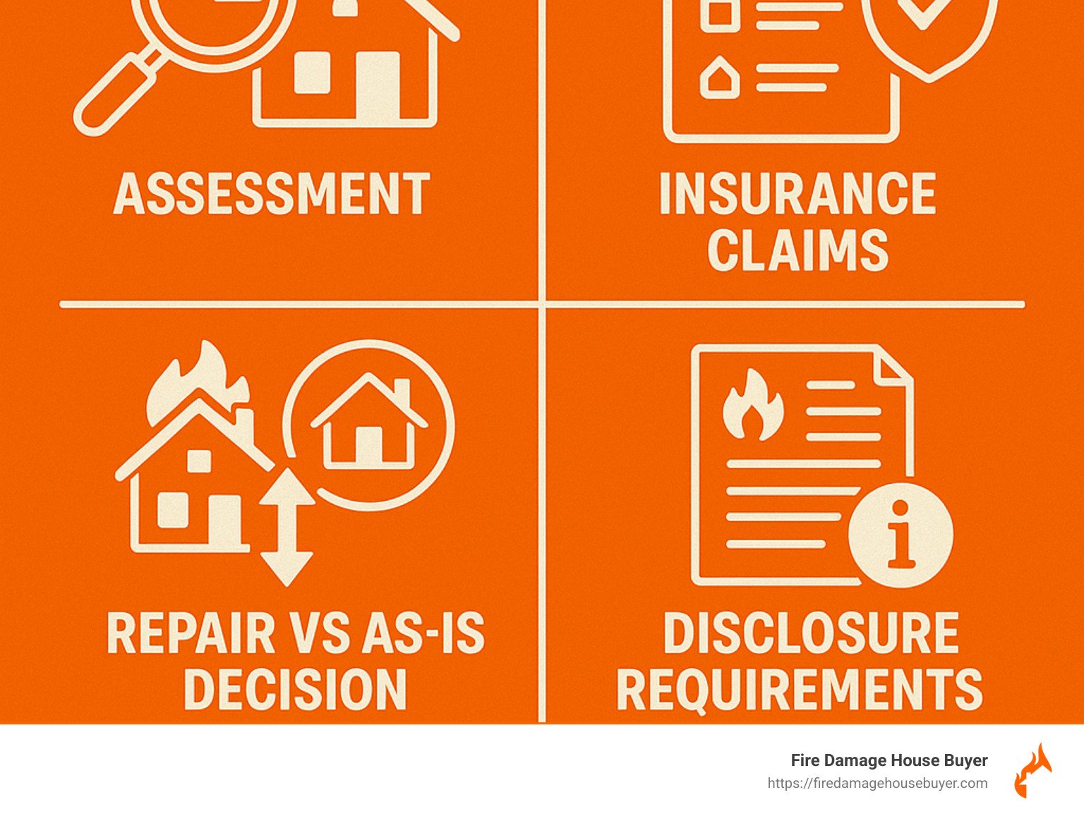 Steps to sell a fire-damaged house showing assessment, insurance claims, repair vs as-is decision, disclosure requirements, finding buyers, pricing strategies, and closing options - How to Sell a Fire-Damaged House infographic
