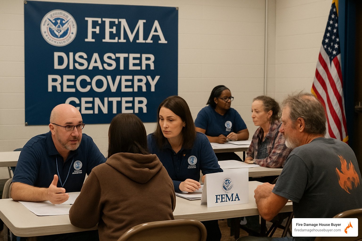 FEMA Disaster Recovery Center with staff helping fire victims - Legal and Financial Considerations After a Fire