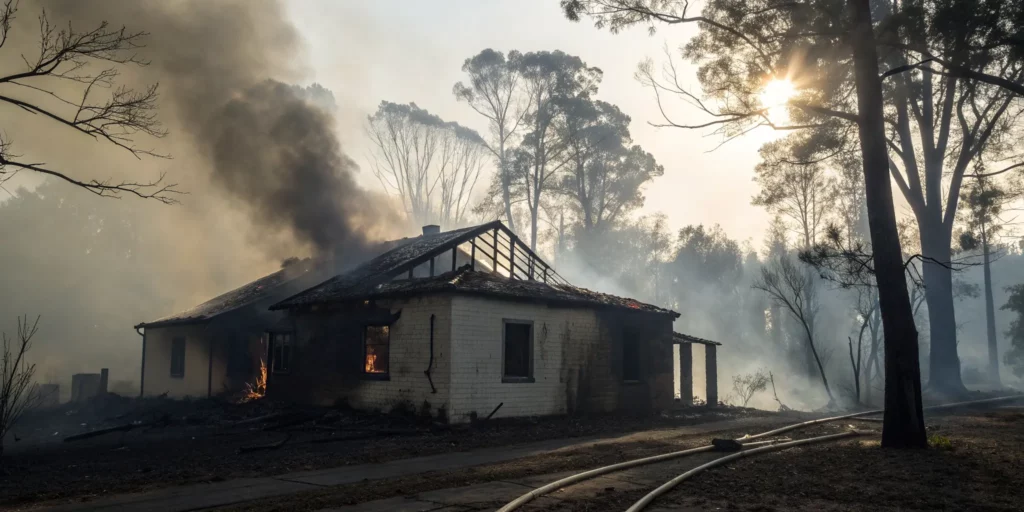 A fire-damaged home with visible smoke and structural risks, making it unsafe to stay inside.