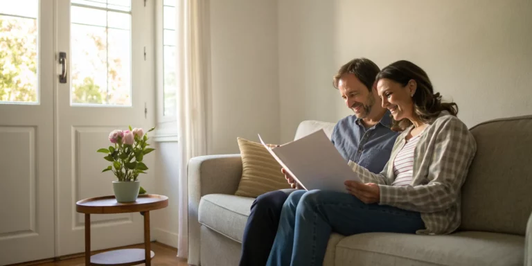 Couple reviewing paperwork, deciding if they need a lawyer to sell their house for cash.