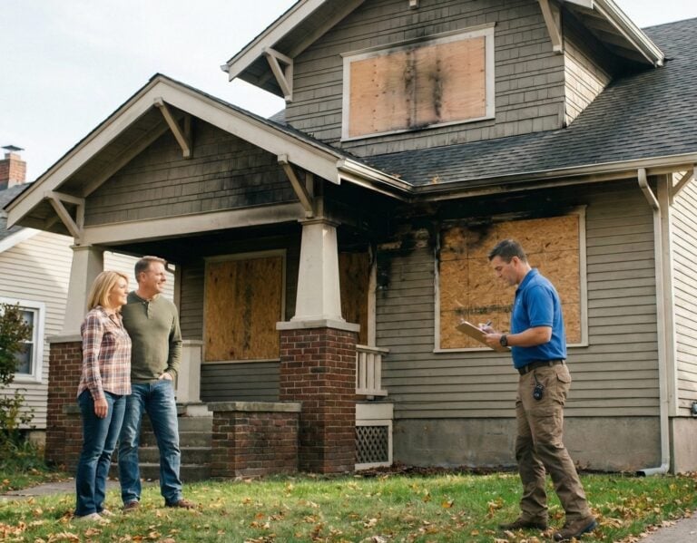 Property expert inspecting a fire damaged house with a clipboard while the homeowners watch from the yard.
