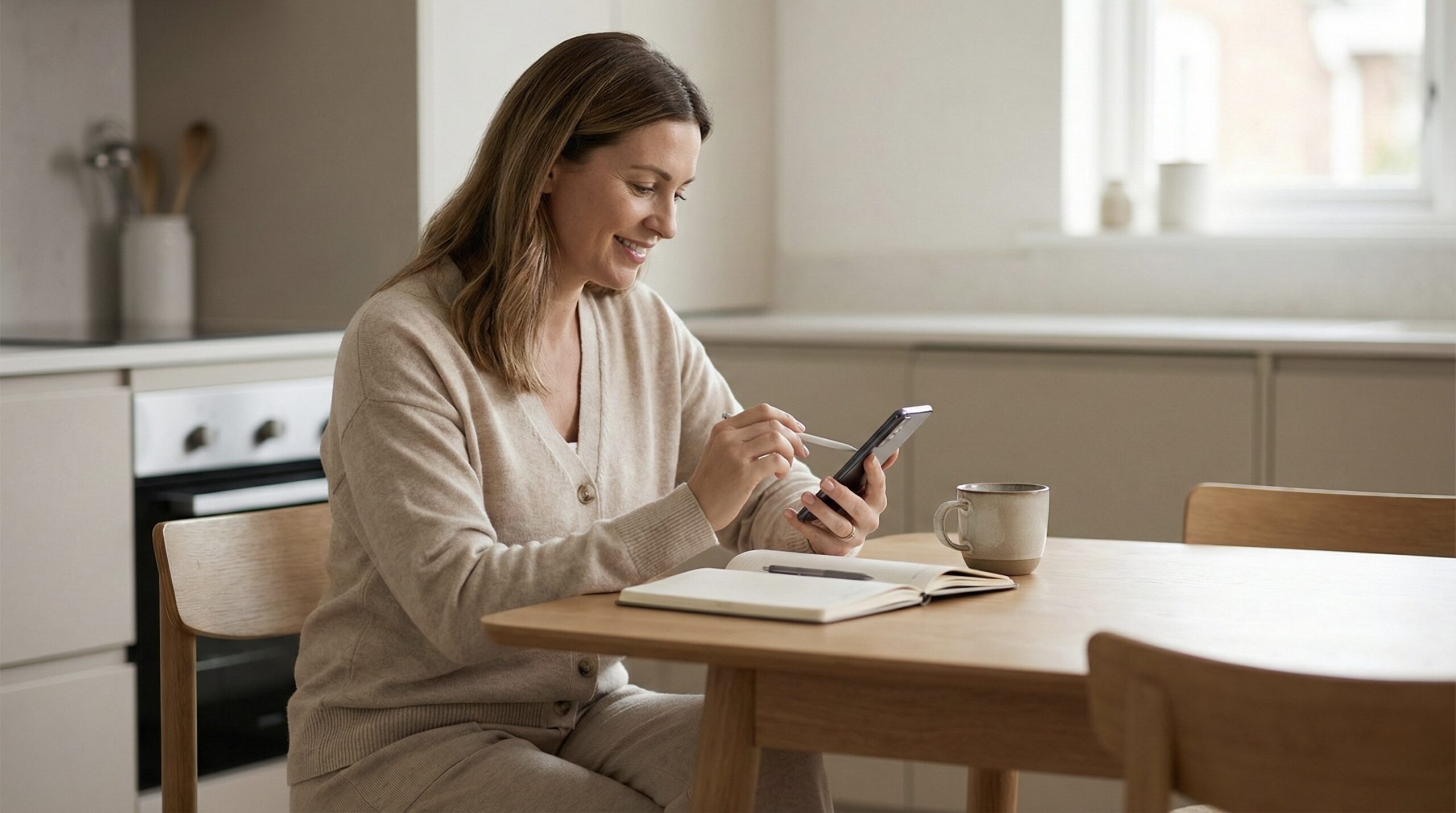 Homeowner sitting at a kitchen table using her phone to request a cash offer for her fire damaged house