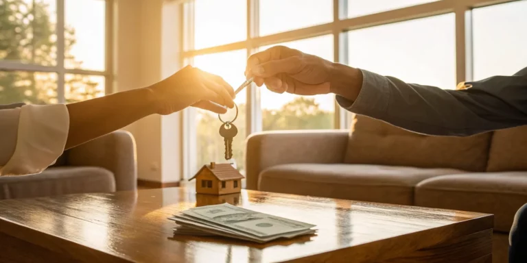 A fair cash offer on a house shown by hands exchanging keys over cash and a small house model.