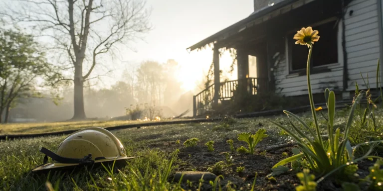A firefighter's helmet on the lawn of a home after a house fire.