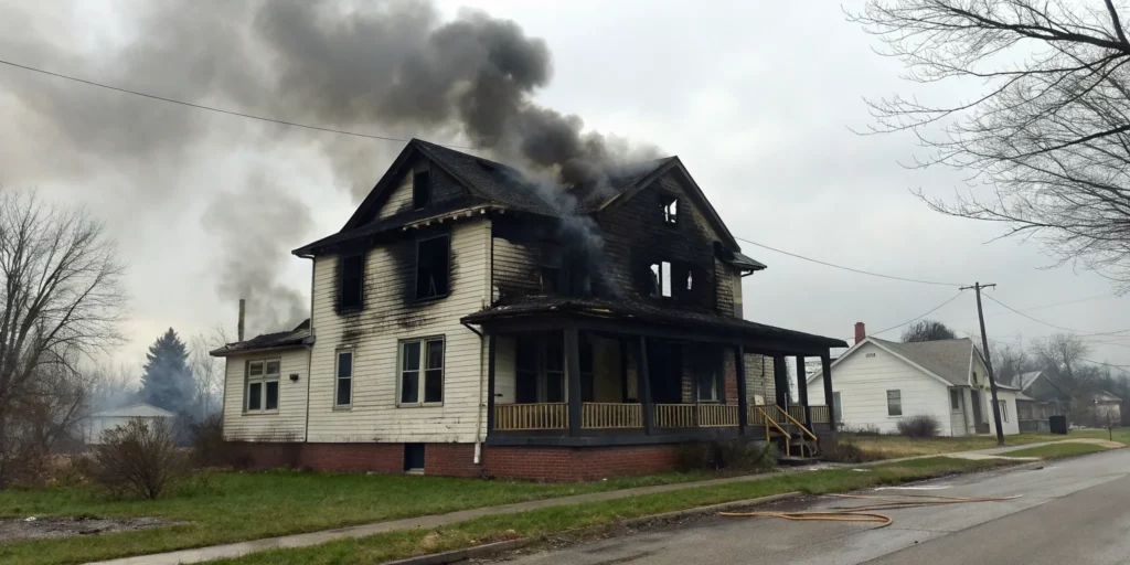 A fire damaged house with a charred roof, a challenging property for a homeowner looking to sell.