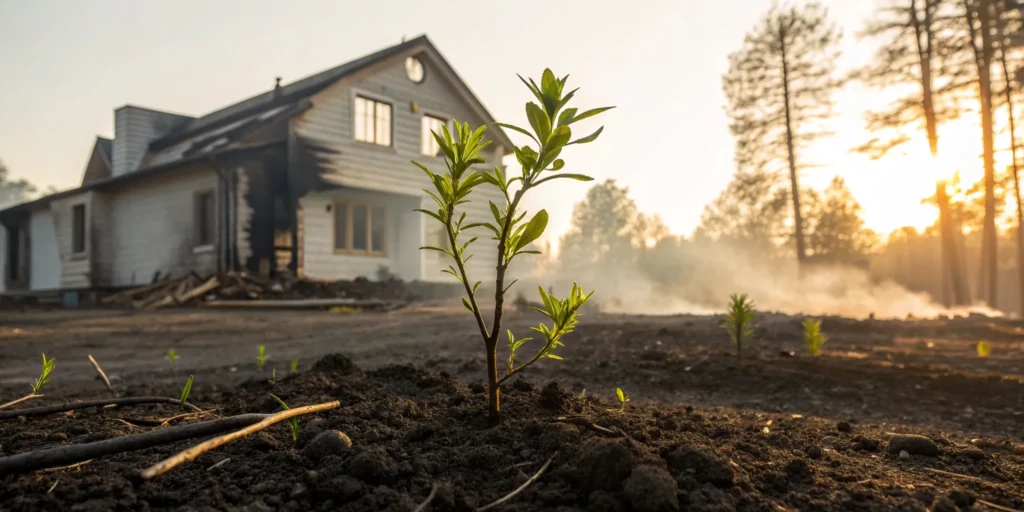 A public adjuster for fire damage helps with recovery, symbolized by new growth in front of a burnt house.