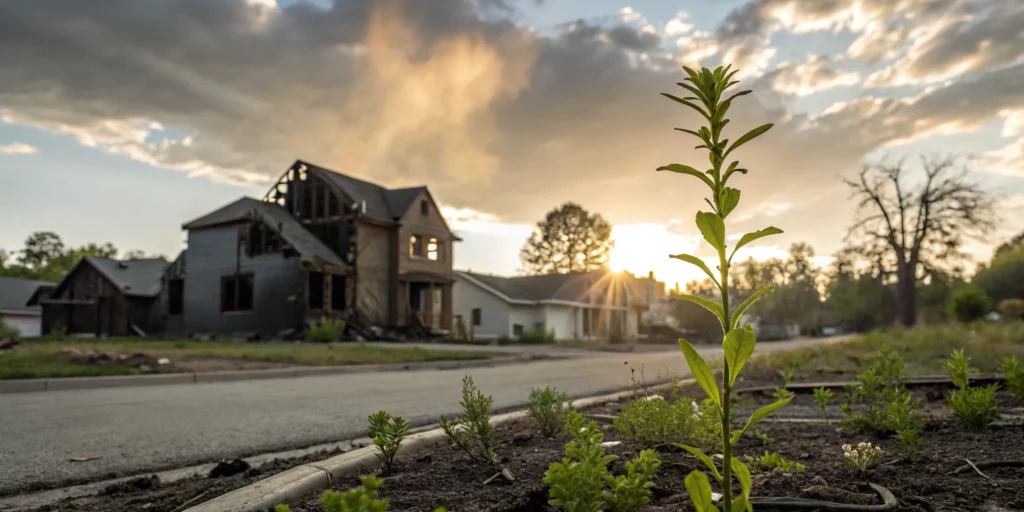 A fire damaged house with new plant growth, ready to be sold.