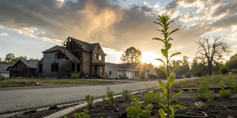 A fire damaged house with new plant growth, ready to be sold.
