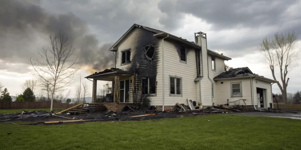 Severe smoke contamination and blackened walls inside a house after a fire.