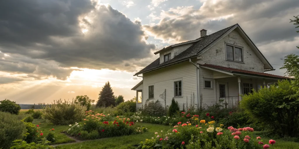 An older house with a garden, weighing the pros and cons of selling as is.