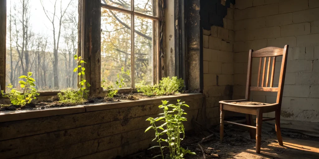 A wooden chair in a fire-damaged room, an example of things that can be salvaged after a fire.