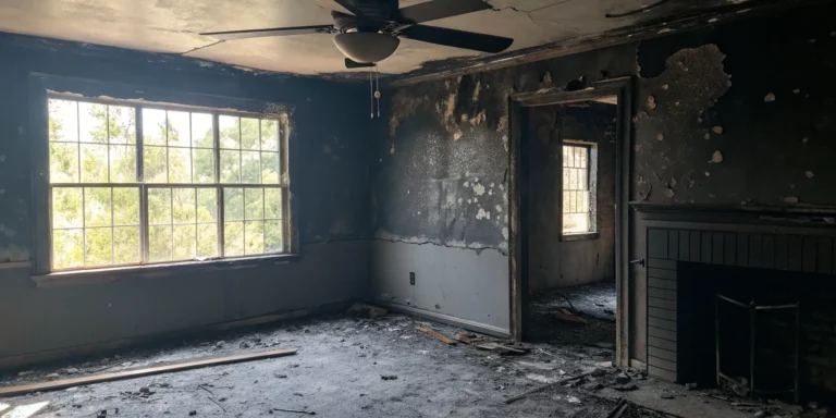 What smoke damage does to a house, showing soot-covered walls and a charred ceiling and fireplace.