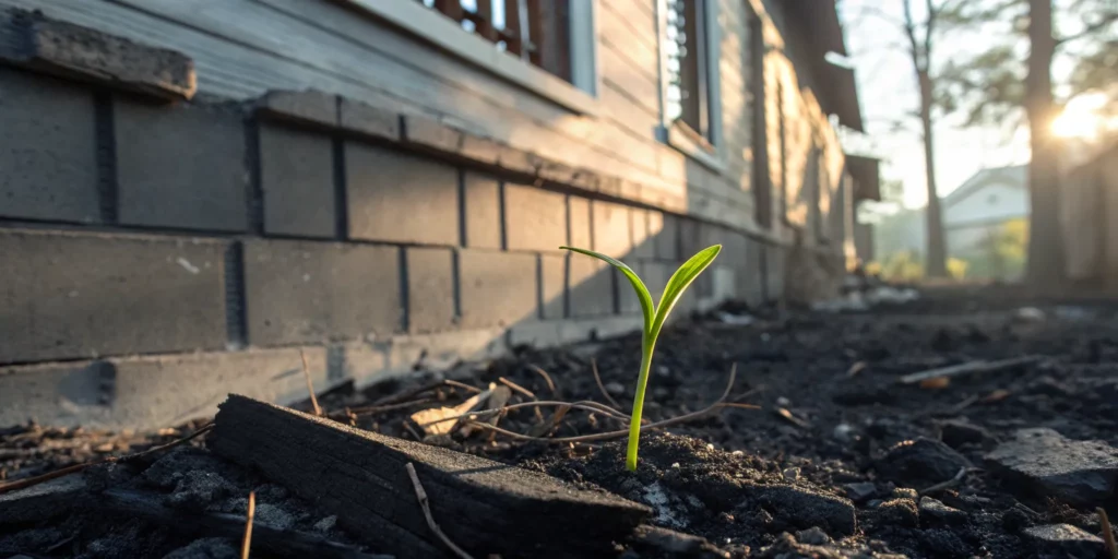 A small green plant showing new life after a fire at home.