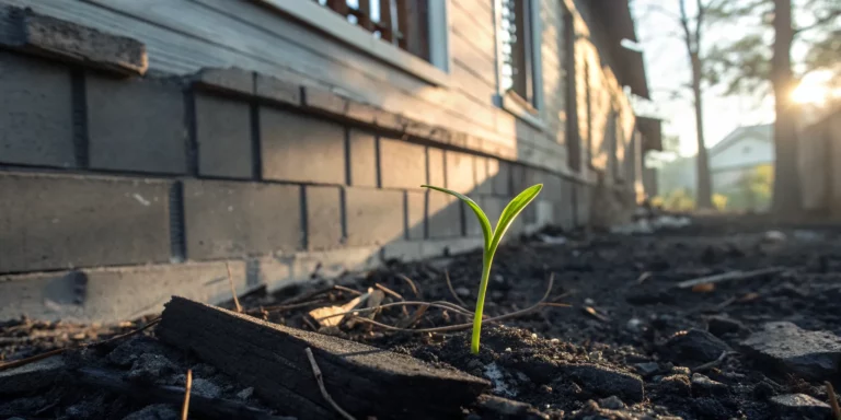 A small green plant showing new life after a fire at home.