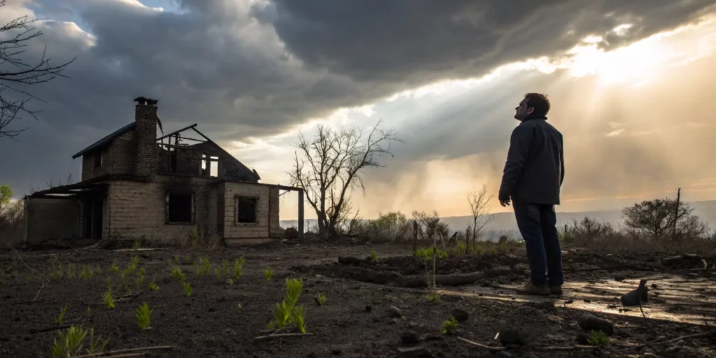 A homeowner surveys the damage to his home, thinking about what to do after a house fire.
