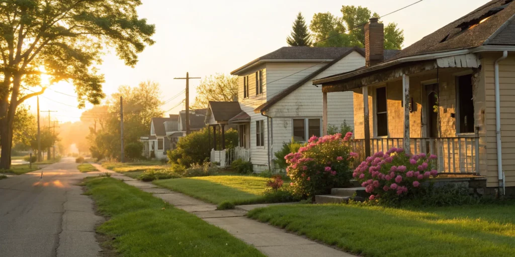 Companies that buy houses for cash often purchase homes on a quiet suburban street at sunrise.