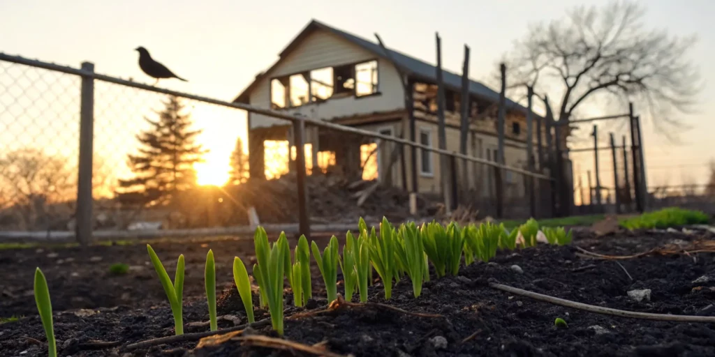 A burned house with green sprouts, showing hope for owners selling to companies that buy burned houses.