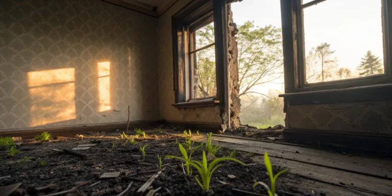 The interior of a burned down house with new plants growing through the fire-damaged floor.