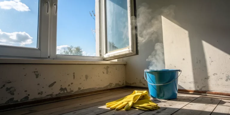 Cleaning supplies, including a bucket and gloves, on the floor ready to clean smoke damage yourself.