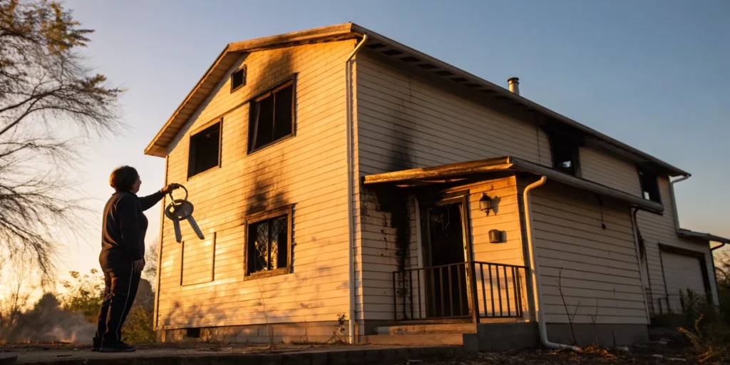 A cash home buyer holding keys in front of a fire-damaged house in Sioux Falls.