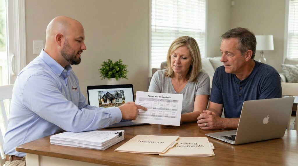 Fire Damage House Buyer specialist showing repair versus sell numbers to homeowners after a house fire