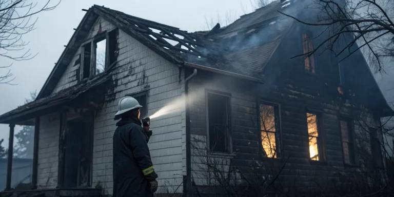 A firefighter checks for signs of structural damage in a fire-damaged home.