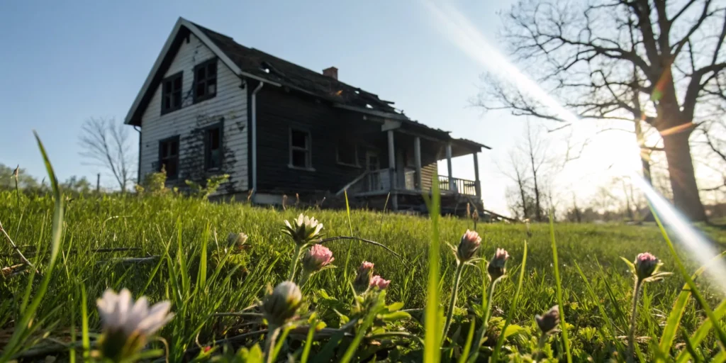 A burned down house with a damaged roof, ready to sell as-is.
