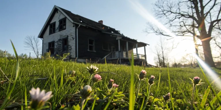 A burned down house with a damaged roof, ready to sell as-is.
