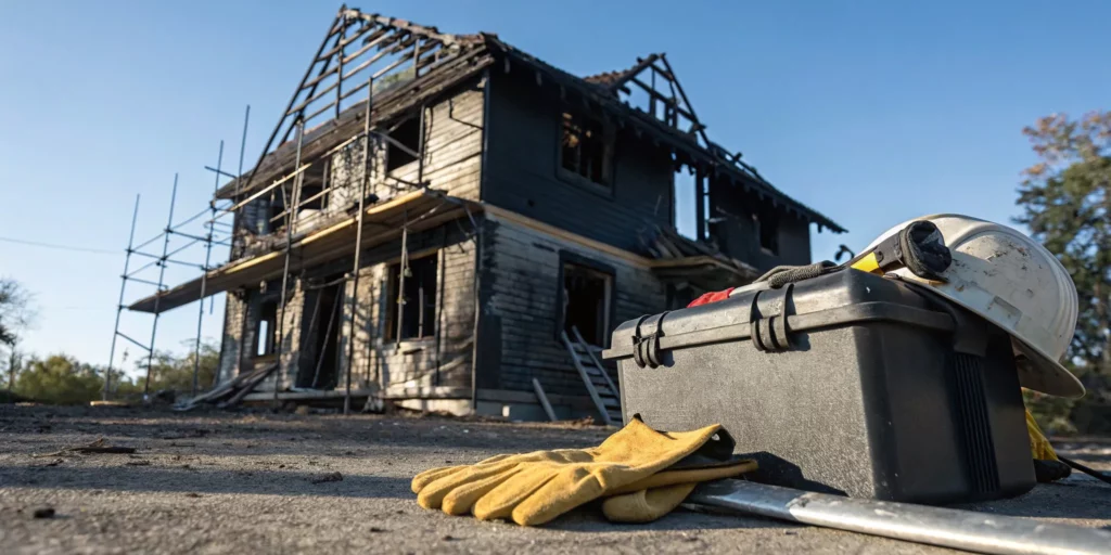 Hard hat and tools before a fire-damaged house, part of a what to do after a house fire checklist.