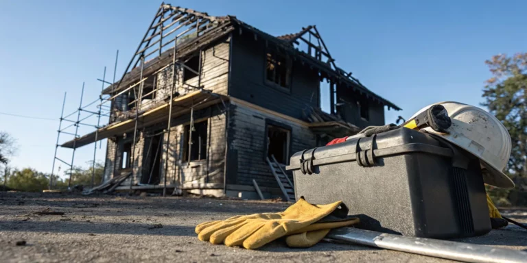 Hard hat and tools before a fire-damaged house, part of a what to do after a house fire checklist.