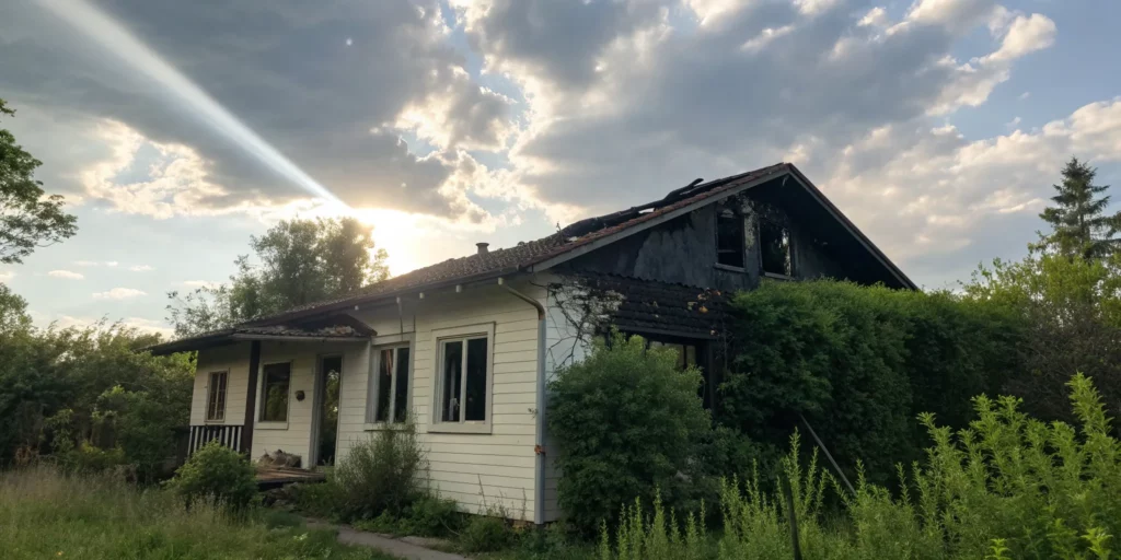 A fire damaged house, the subject of we buy fire damaged houses reviews.