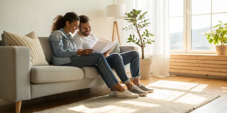 Couple on a sofa reviewing we buy houses for cash reviews.