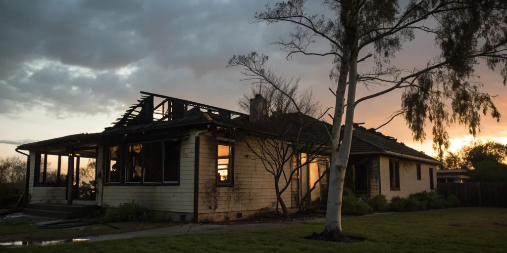 A burned house showing severe fire damage to the roof and exterior.