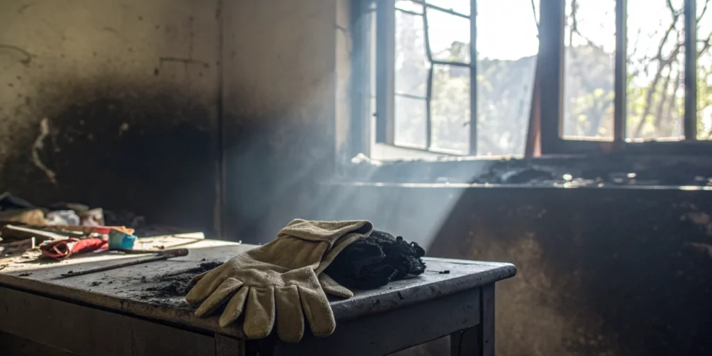Work gloves on a soot-covered table, ready for cleanup after smoke damage.