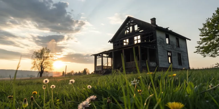 A fire-damaged home sold as-is to cash buyers and real estate investors.