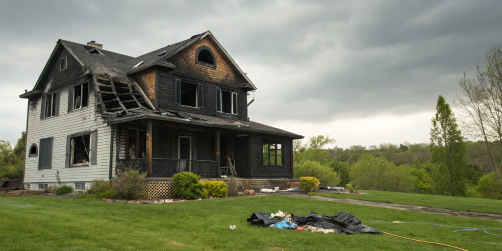 A fire damaged home with a charred exterior and broken windows.