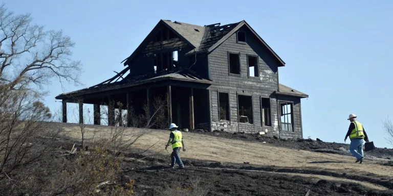 Workers assessing the cost of house fire debris removal in front of a burned home.