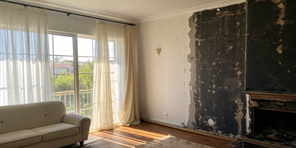 A smoke-damaged wall covered in soot before it is cleaned.