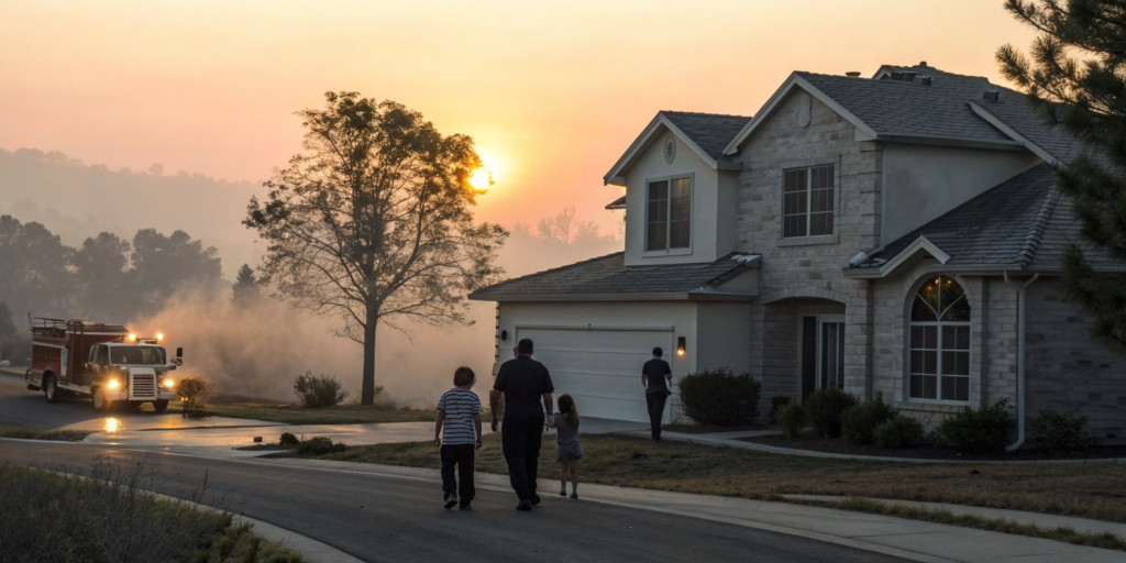 Family outside their home with a fire truck nearby, facing a smoke damage insurance claim.