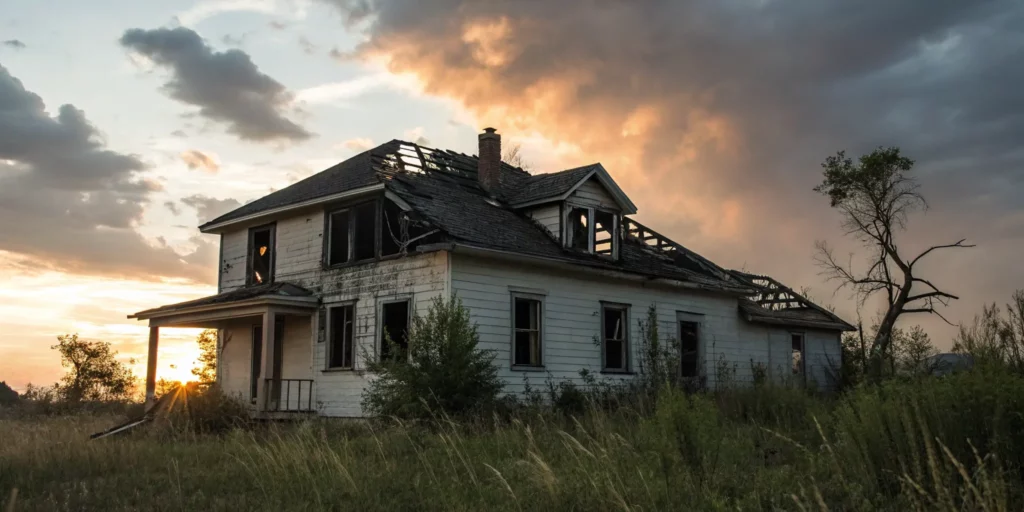 A fire damaged property with a charred roof and broken windows awaiting inspection and repair.