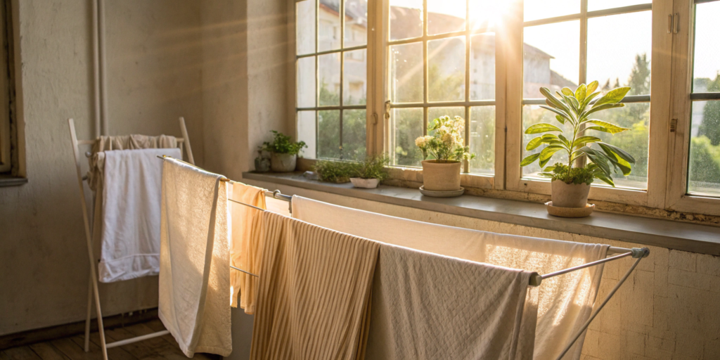 Clean clothes air-drying on racks to remove smoke odor after a house fire.